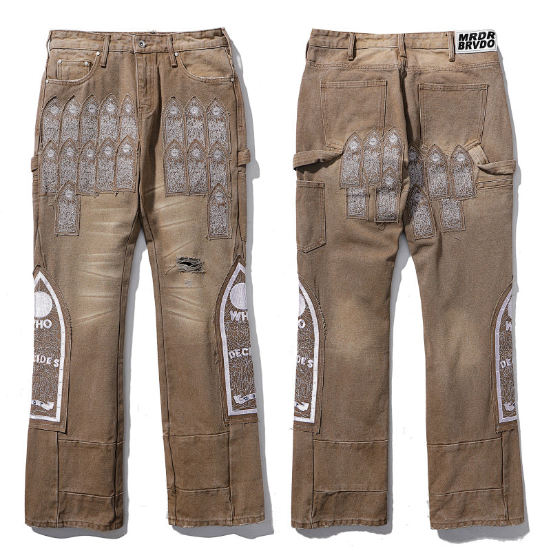 Who Decides War Stained Glass Paneled Denim Jeans (Khaki / Tan)