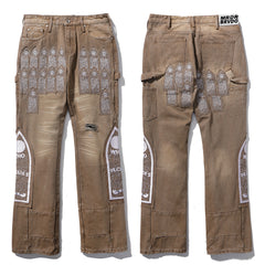 Who Decides War Stained Glass Paneled Denim Jeans (Khaki / Tan)