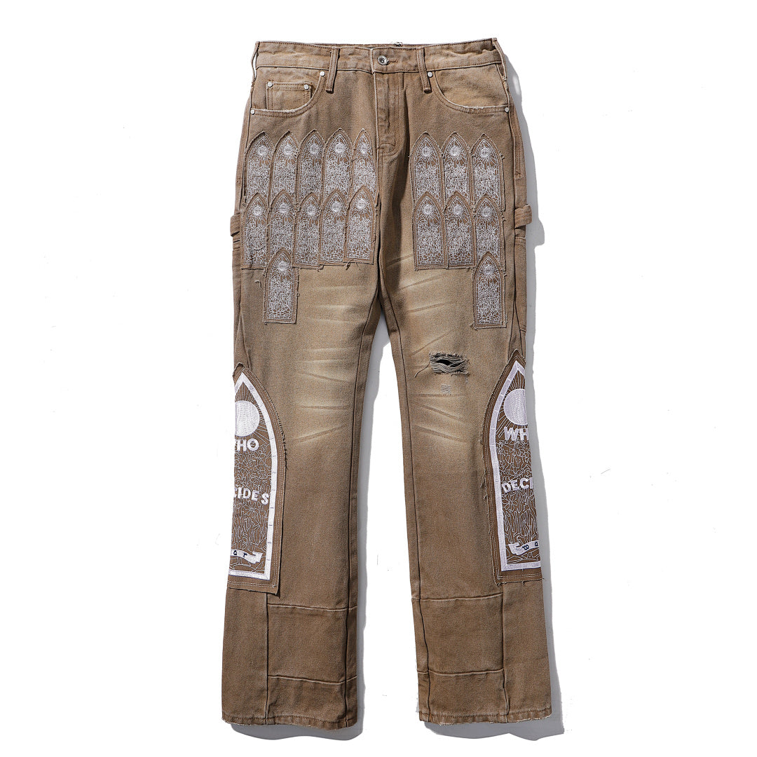 Who Decides War Stained Glass Paneled Denim Jeans (Khaki / Tan)