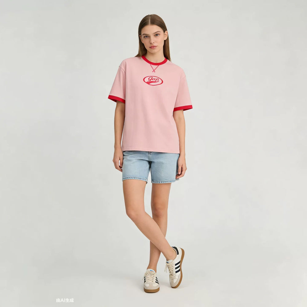 Cheng Yi endorses Gap men's and women's 2026 summer new print logo contrasting round neck short sleeved T-shirt 866079