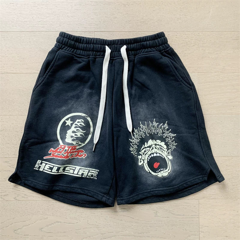 Foreign Trade American Trend Hell Star Retro Printed Ins Same Style Summer High Street Casual Trendy Washed Sports Shorts (2)